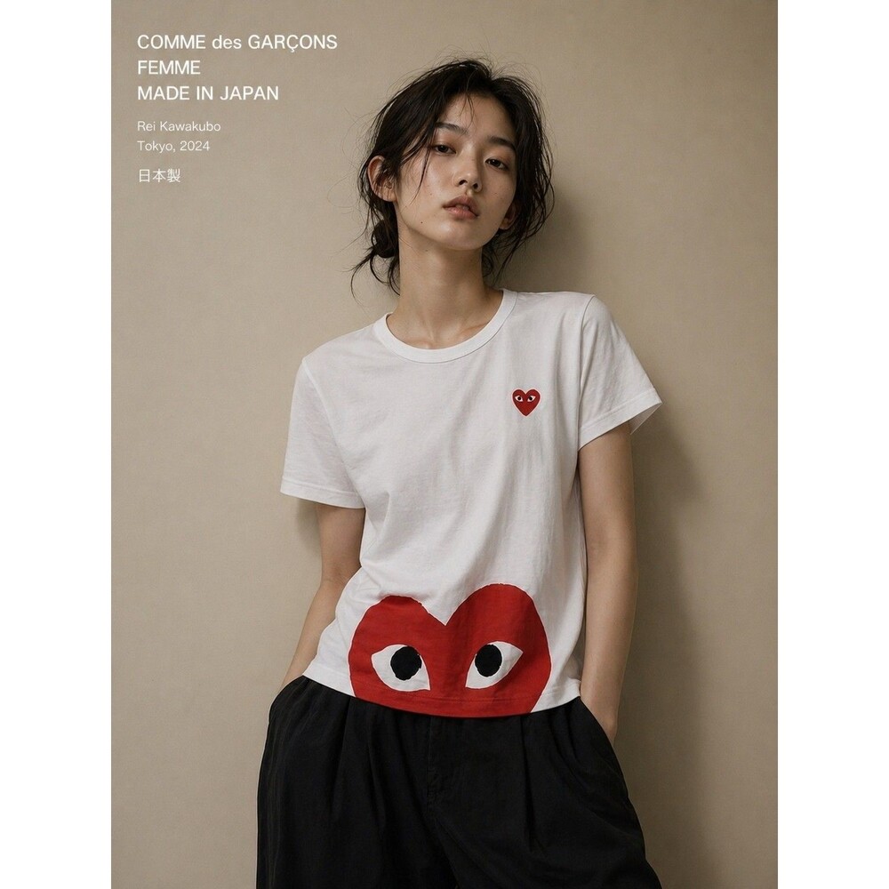 Comme des Garcons White T-Shirt with Red Heart Motif